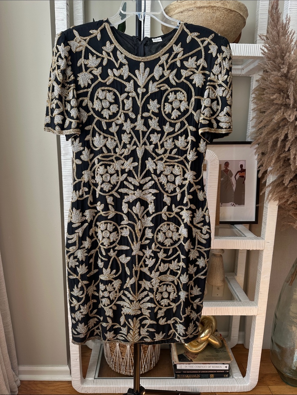 Black Short Sleeve Embellished Cocktail Dress with Gold Embroidery